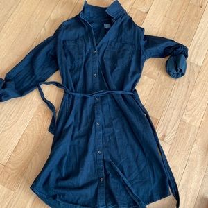 And away blue button down dress w belt sz small womens